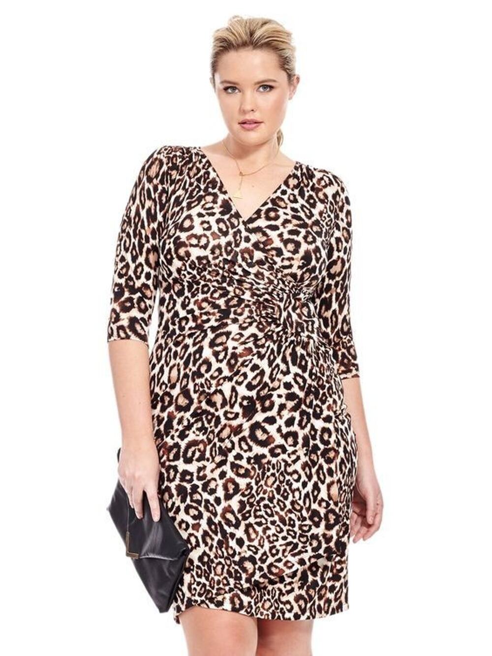 Kiyonna Animal Print Dress Faux Wrap Ciara Cinch Style 3X Curvy Chic Glam Office